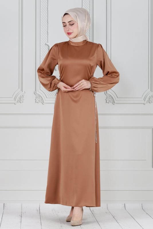 Satin evening dress - with straps studded with  stones-mink color