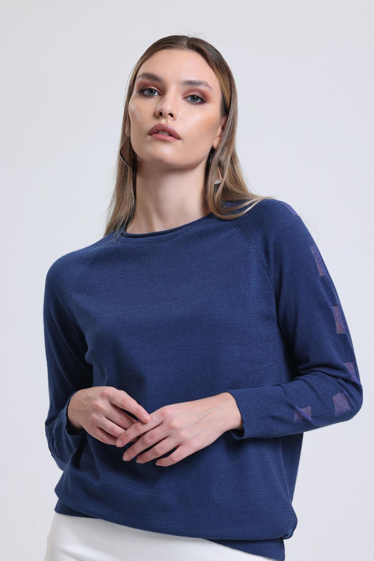 Wholesale Women Navy Glitter Garnished Crew Neck Knit Blouse