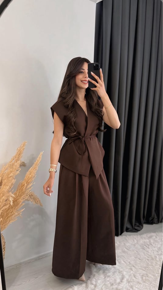 Eloya Klasik Kumaş Bol Paça Pantolon Beli İpli Yelek Takım Kahve