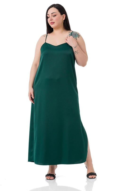 Plus Size Adjustable Thin Strap Satin Emerald Dress with Side Slit