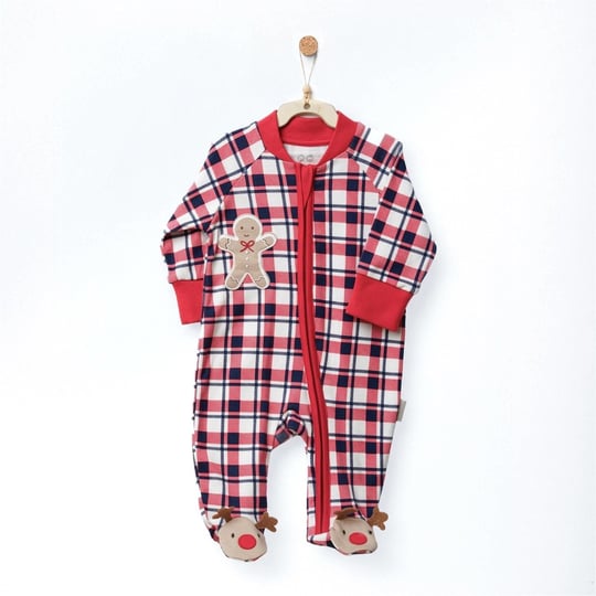 Andywawa Bebek Romper Little Dreamers Ekoseli Fermuarlı Patikli Tulum Kırmızı AC27167