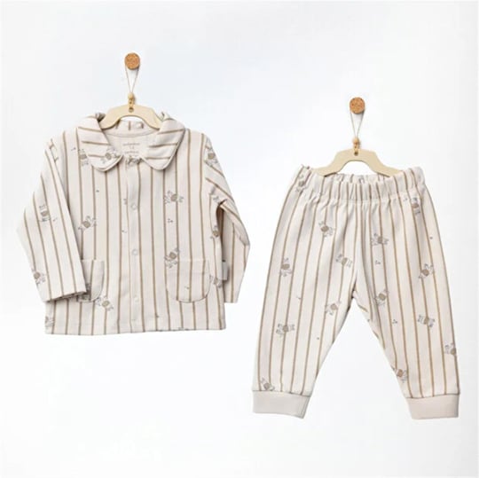 Andywawa Erkek Bebek ZZZ Zebra Çizgili Pijama Takımı Bej AC27283
