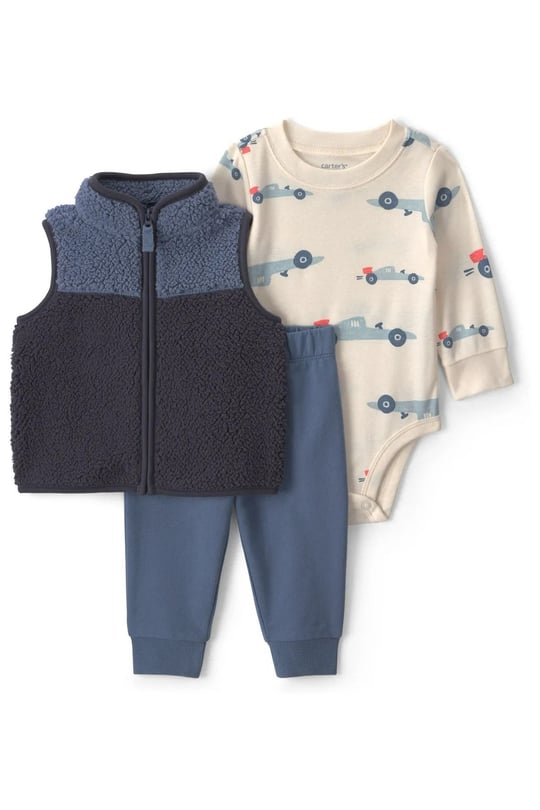 Carters Erkek Bebek 3lü Peluş Yelek Alt Takım Lacivert 1W084010