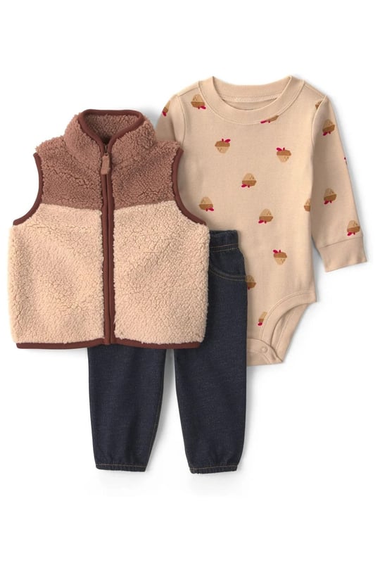 Carters Erkek Bebek 3lü Peluş Yelek Alt Takım Bej 1W094410