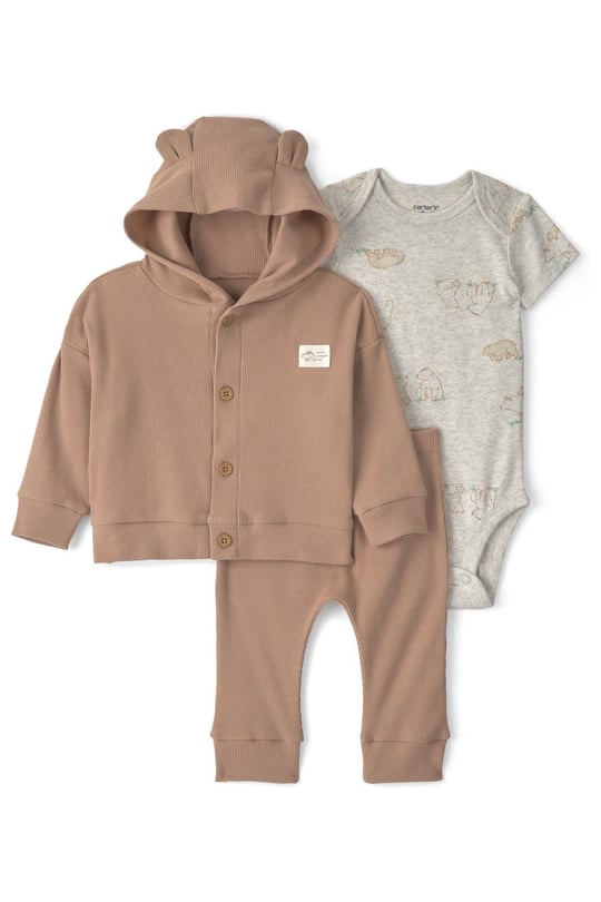 Carters Erkek Bebek Layette 3lü Kapüşonlu Ceket Alt Takım Kahverengi 1V420710