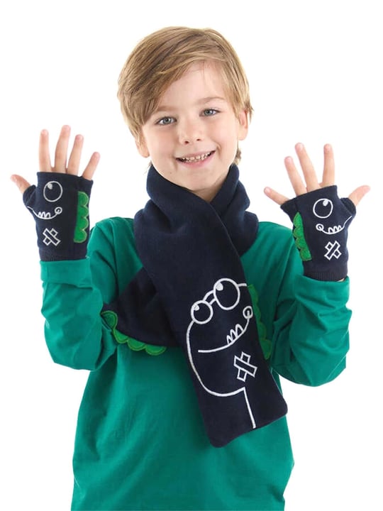 Denokids Erkek Çocuk Tırtıl Dinazor Polar Atkı ve Parmaksız Eldiven Takım Lacivert CFF-22S1-119