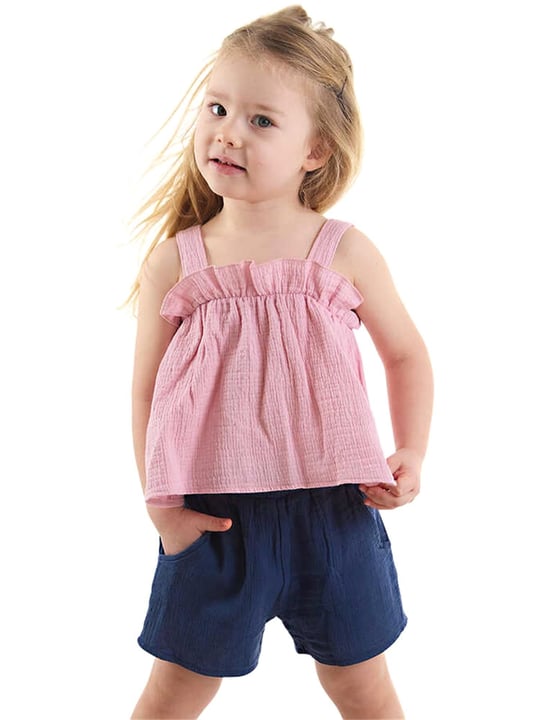 Denokids Kız Bebek Çocuk Müslin Bluz Şort Takım Pembe CFF-24Y1-055