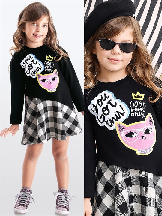 Denokids Kız Çocuk Havalı Kedi Elbise Siyah MS-20K1-016