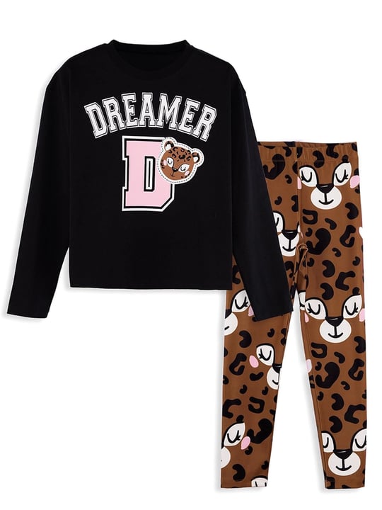 Denokids Kız Çocuk Leoparlı Tişört Tayt Takım Siyah CFF-25S1-147