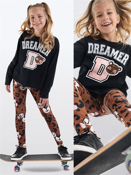 Denokids Kız Çocuk Leoparlı Tişört Tayt Takım Siyah CFF-25S1-147