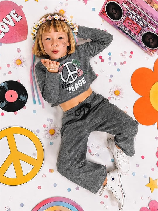 Denokids Kız Çocuk Peace Flower Crop Sweatshirt Eşofman Takımı Antrasit CFF-26S1-051