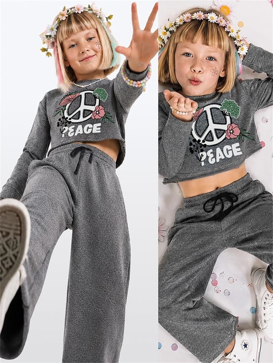 Denokids Kız Çocuk Peace Flower Crop Sweatshirt Eşofman Takımı Antrasit CFF-26S1-051