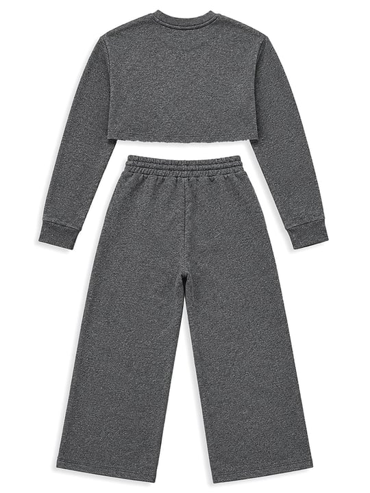 Denokids Kız Çocuk Peace Flower Crop Sweatshirt Eşofman Takımı Antrasit CFF-26S1-051