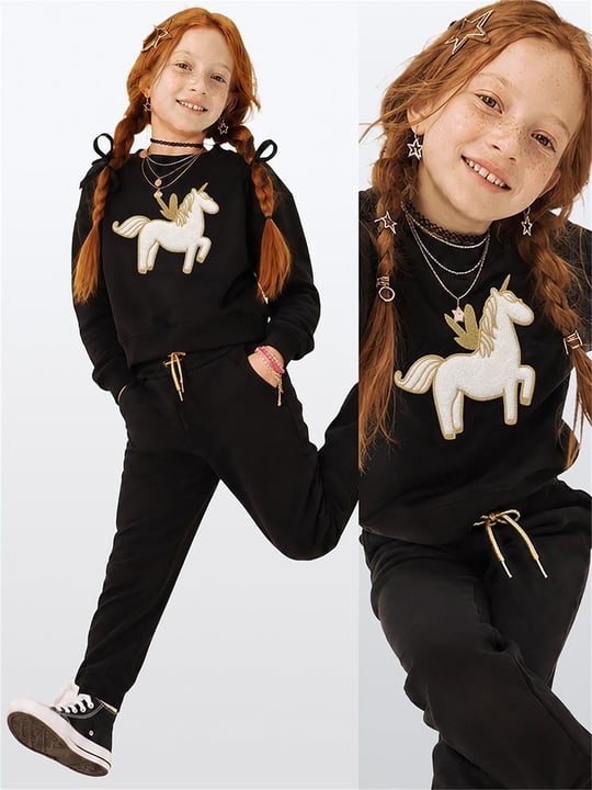 Denokids Kız Çocuk Peluş Unicorn Eşofman Takımı Siyah CFF-26S1-065