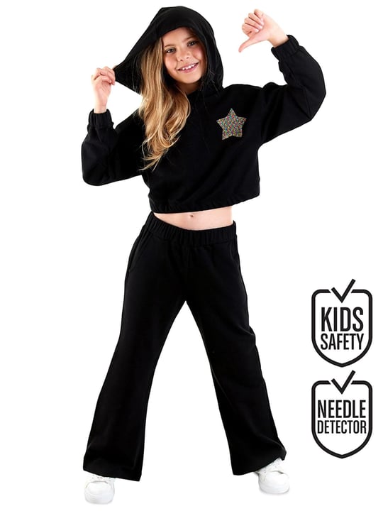 Denokids Kız Çocuk Stars Crop Eşofman Takım Siyah CFF-25S1-155