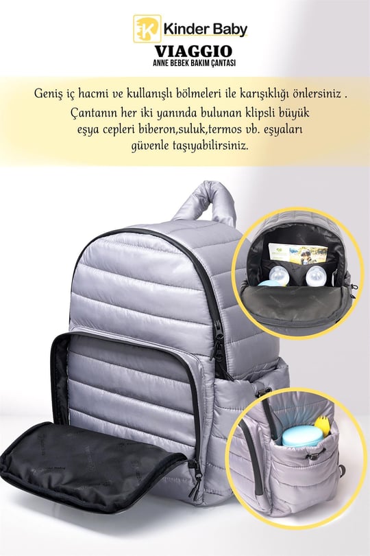 Kinder Baby Viaggio Termal Biberon Çantalı ve Alt Açma Pedli Açık Gri Bebek Bakım Çantası