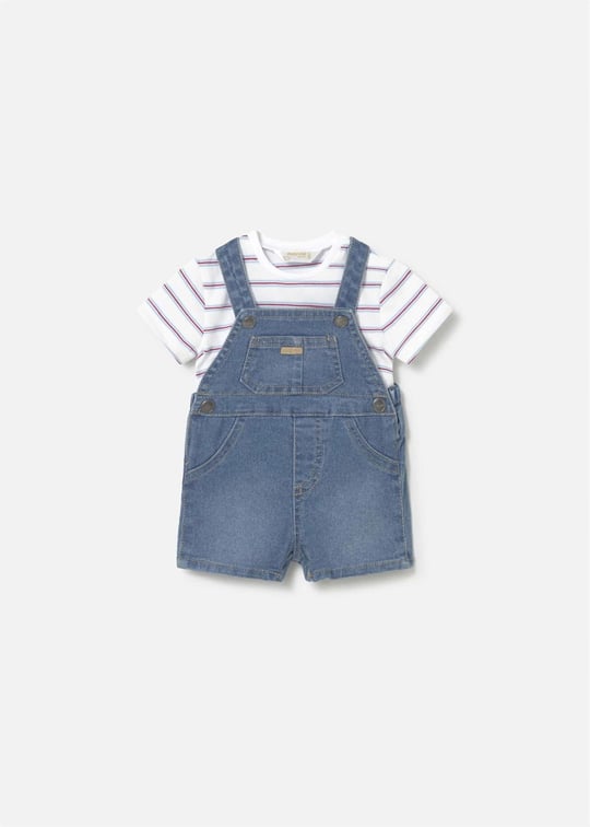 Mayoral Erkek Bebek Denim Kısa Tulum Tişört Takım Mavi 1623