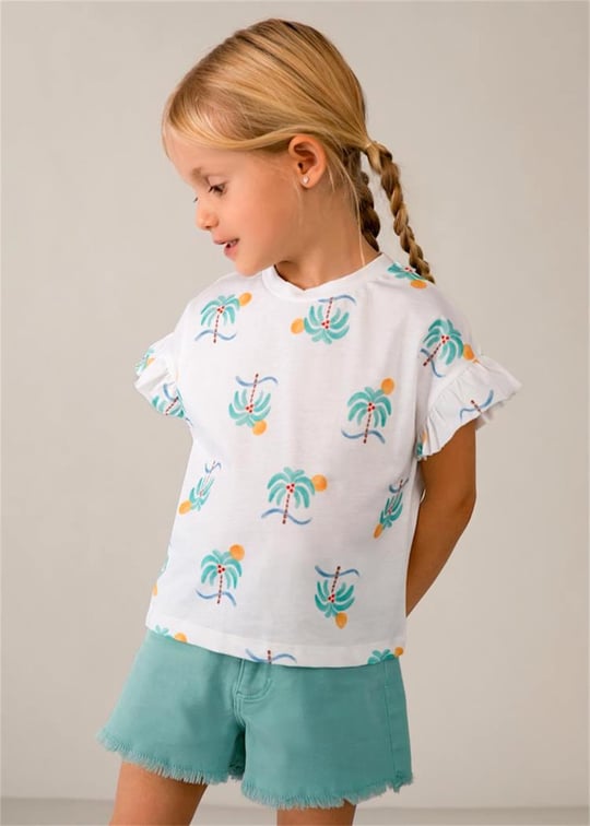 Mayoral Kız Çocuk Baskılı Fırfır Kol Tişört Mint  3018