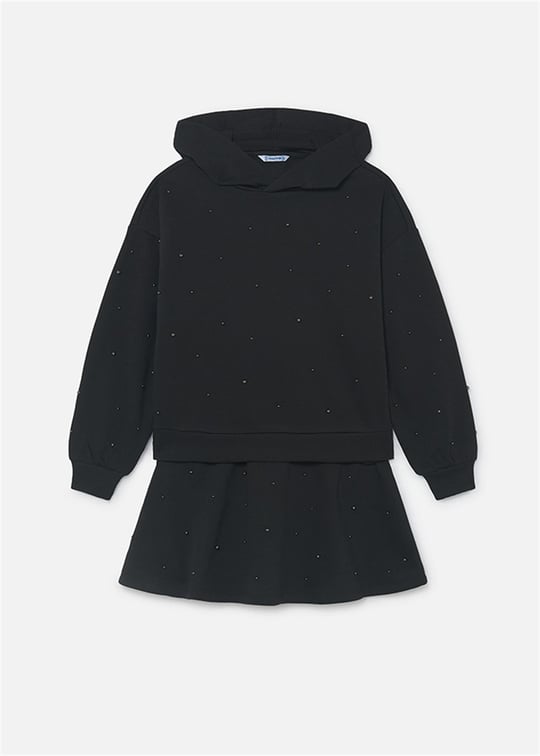 Mayoral Kız Çocuk İncili Kapüşonlu Sweatshirt Etek Takım Siyah 7943