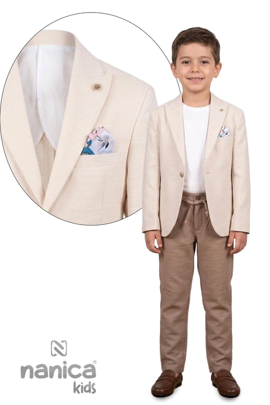 Nanica Kids Erkek Çocuk Mendilli Keten Takım Elbise Ekru 126631