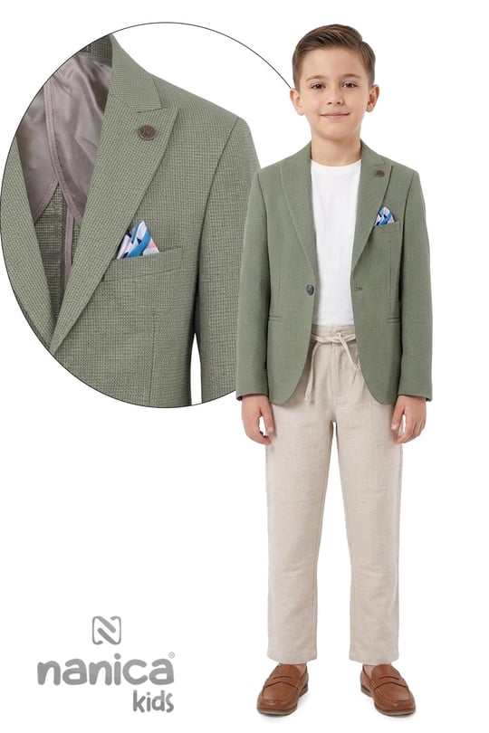 Nanica Kids Erkek Çocuk Mendilli Keten Takım Elbise Yeşil 126631