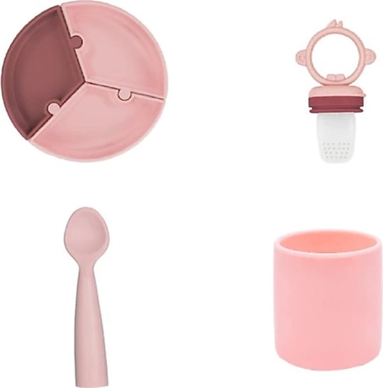 Oioi Pembe Beslenme Seti Vakumlu Puzzle Tabak + Kaşık + Bardak + Meyve Sebze Emziği- Süzgeci 4'lü