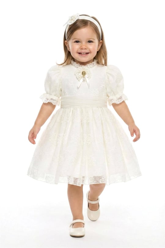Pamina Kız Bebek Bandanalı Dantelli Elbise Ekru 36315