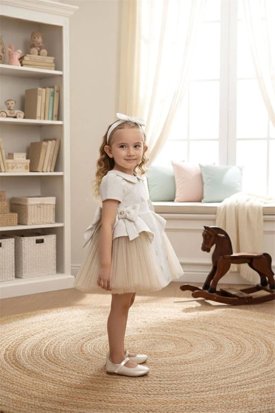 Pamina Kız Bebek Bandanalı Fiyonklu Tül Elbise Bej 36168