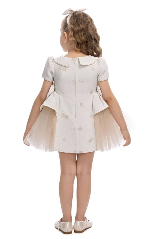 Pamina Kız Bebek Bandanalı Fiyonklu Tül Elbise Bej 36168