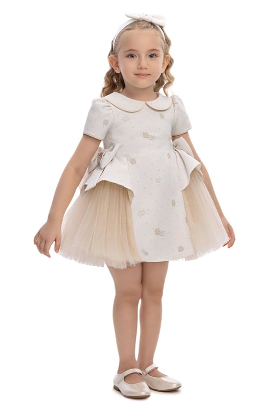 Pamina Kız Bebek Bandanalı Fiyonklu Tül Elbise Bej 36168