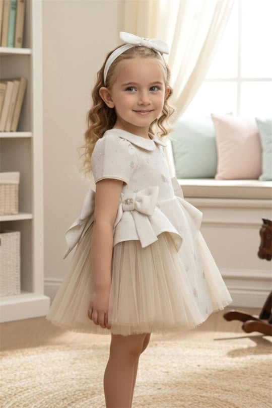Pamina Kız Bebek Bandanalı Fiyonklu Tül Elbise Bej 36168