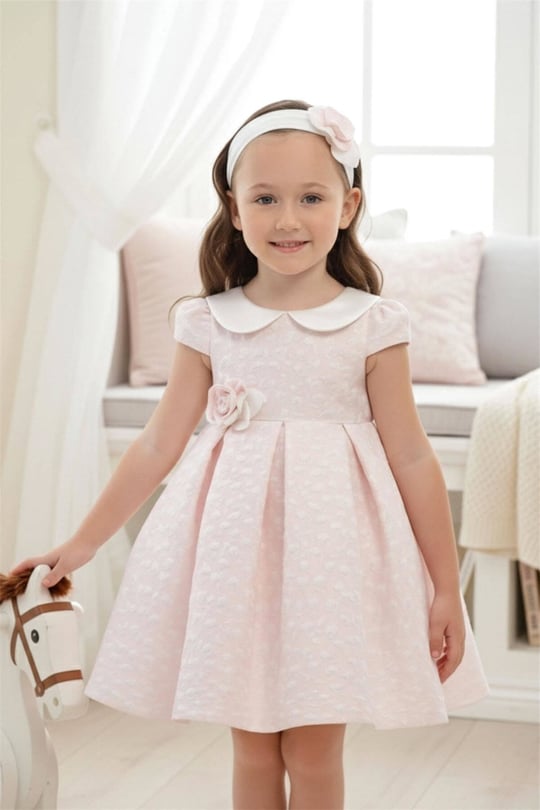 Pamina Kız Bebek Bandanalı Güpürlü Elbise Pembe 36172