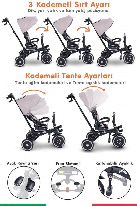 Prego Happy Dino Plus 360° Dönebilen Koltuklu Tamamen Katlanabilir Çocuk Bisikleti Bej P670