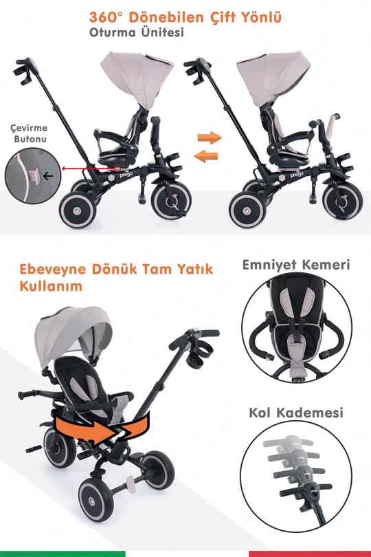 Prego Happy Dino Plus 360° Dönebilen Koltuklu Tamamen Katlanabilir Çocuk Bisikleti Bej P670