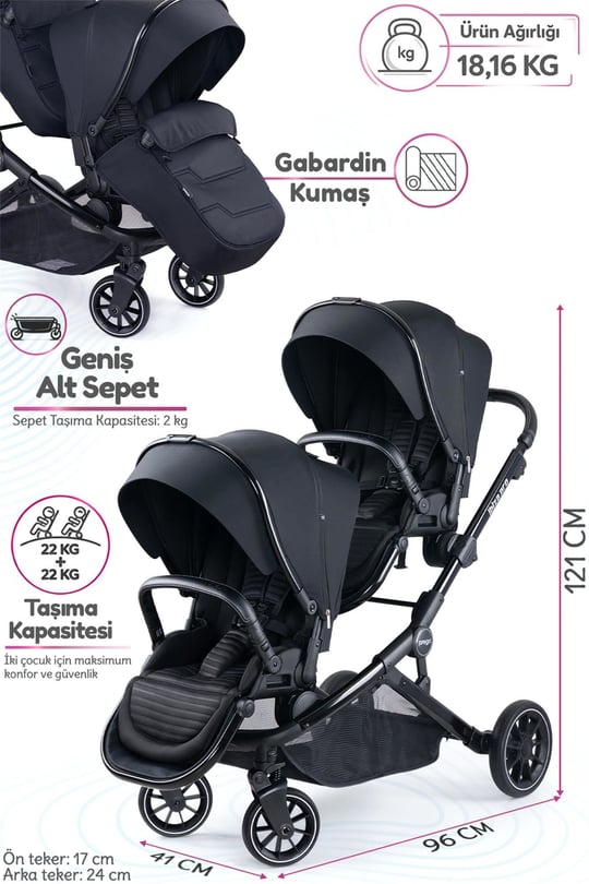 Prego İbiza New Pro İkiz Bebek Arabası Siyah