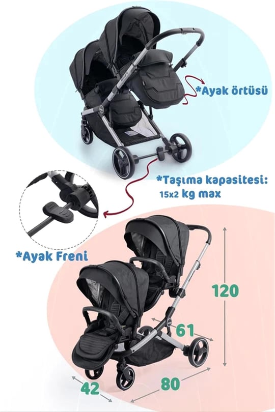 Prego İbiza Pro İkiz Bebek Arabası Siyah 2071