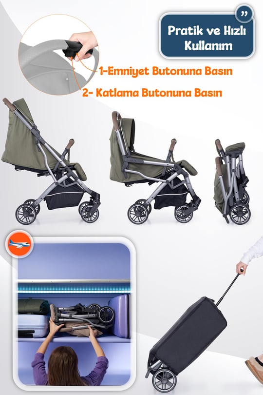 Prego Lotus Pro Kabin Boy Travel Bebek Arabası -Tek Elle Katlanır-Hafif -UV Tenteli -Yağmurluk-Örtü-Kılıf Haki