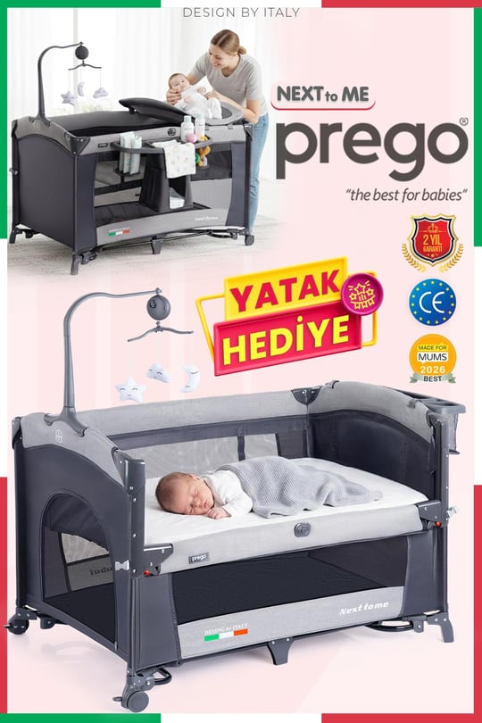 Prego Next To Me 10in1 Anne Yanı Park Yatak Oyun Parkı Sallanır Beşik Yana Açılır 70x120 Cm GRİ + Yatak Hediye