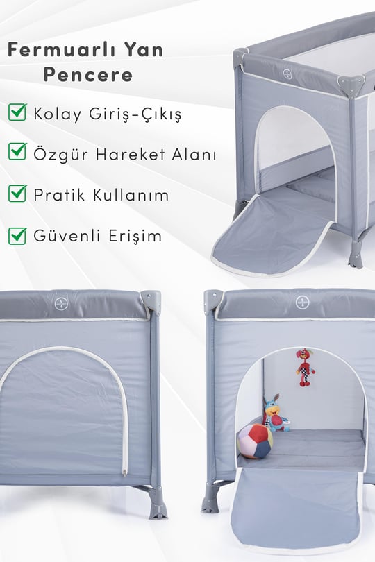 Prego Odessa Otel Apart Tipi Park Yatak Beşik Oyun Parkı Gri + Yatak Hediyeli