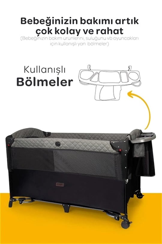 Prego Premium Anne Yanı Dönenceli Oyun Parkı 70*120 Cm Gri + Yatak Hediyeli