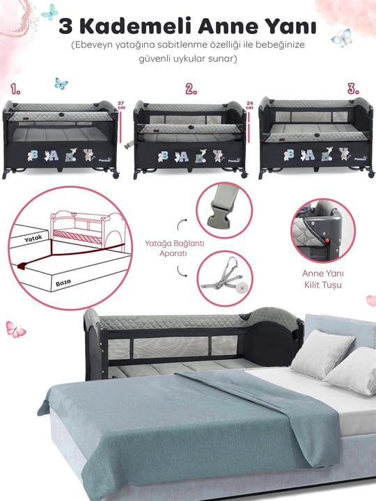 Prego Premium Anne Yanı Oyun Parkı 70*120 Cm Gri