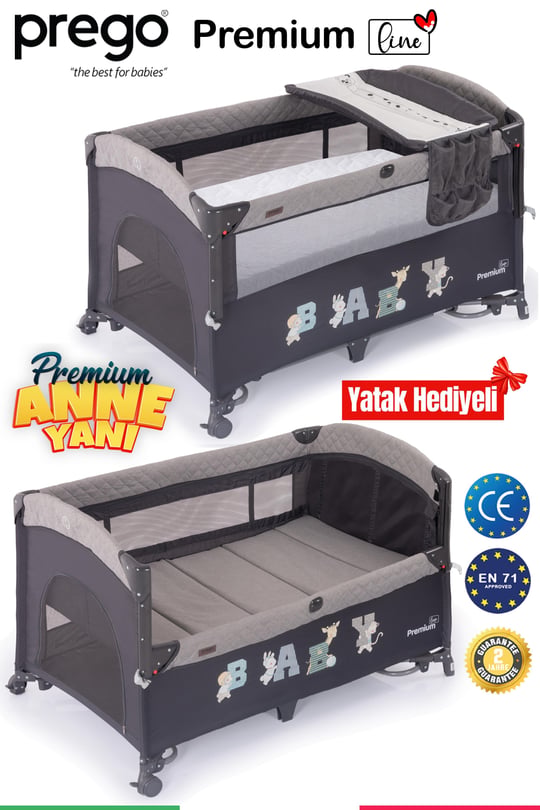 Prego Premium Line Alt Açma Üniteli Anne Yanı Oyun Parkı + Yatak Hediyeli Gri