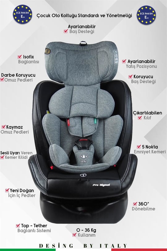 Prego Profix Pro Signal 360 Derece Dönebilen 0-36 Kg Isofixli Oto Koltuğu Gri 4093