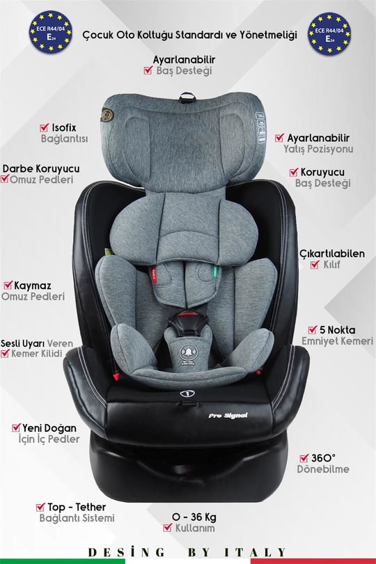 Prego Profix Pro Signal 360 Derece Dönebilen 0-36 Kg Isofixli Oto Koltuğu Gri 4093