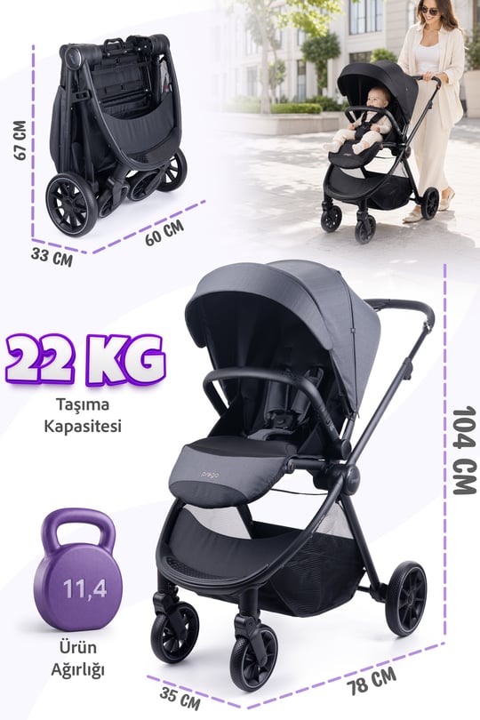 Prego Venüs Premium Çift Yönlü Bebek Arabası Gri