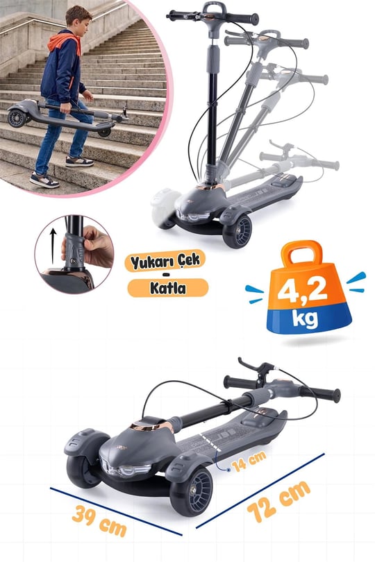 Prego Veyron  Bluetoothlu Müzikli Işıklı Çocuk Scooter Gri K-660