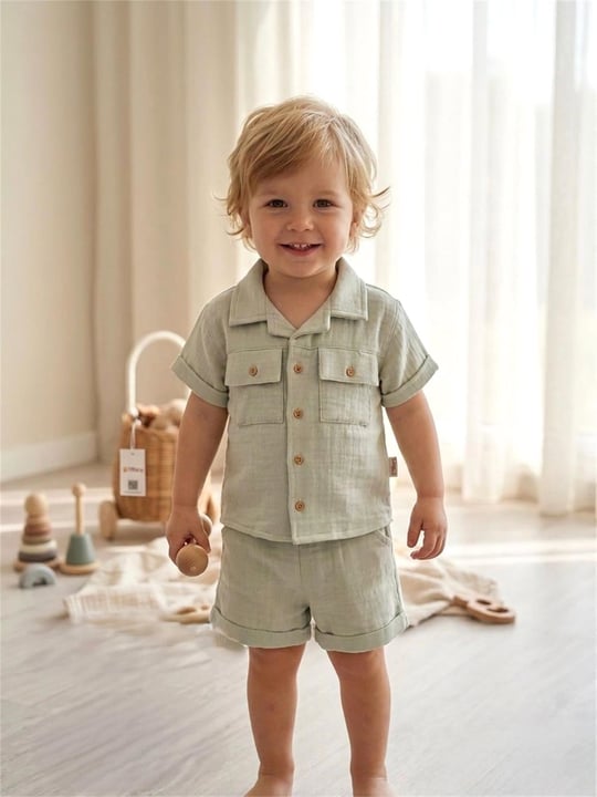 Tiffany Baby Bebek Linen Breeze Theme Kısa Kol Gömlek Yeşil 52093
