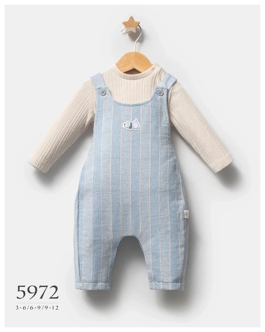 Tongs Baby Erkek Bebek Çizgili Salopet Bluz Takım Mavi 5972