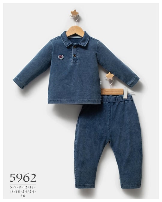 Tongs Baby Erkek Bebek Education Polo Yaka Uzun Kollu Tişört Pantolon Takım Mavi 5962