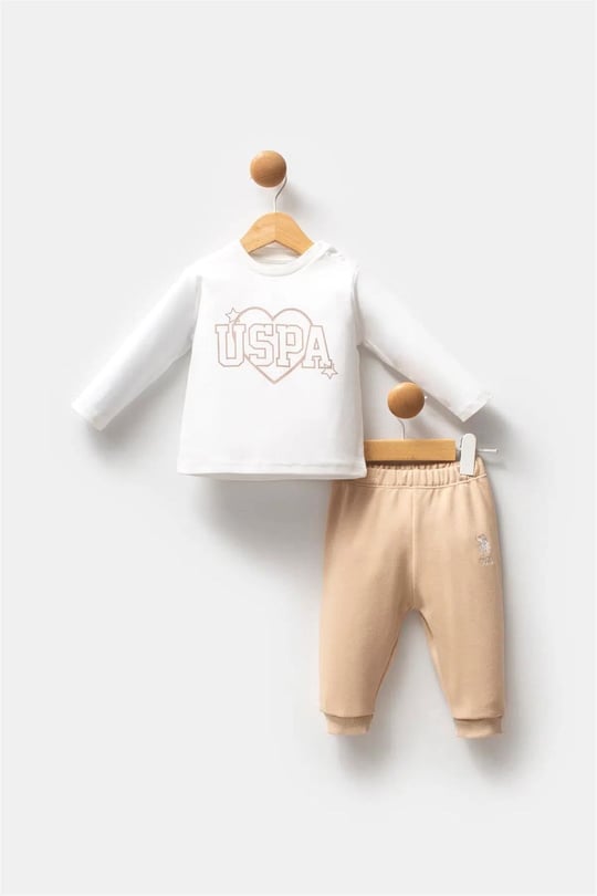 U.S. Polo Assn. Kız Bebek 3lü Peluş Takım Bej USB2779